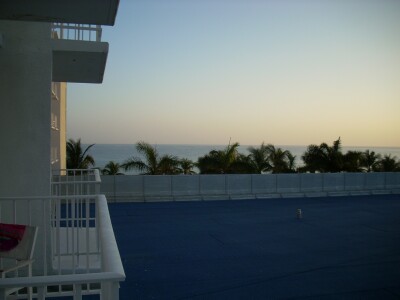 view from my room at sunrise, caribbean sea in back ground.